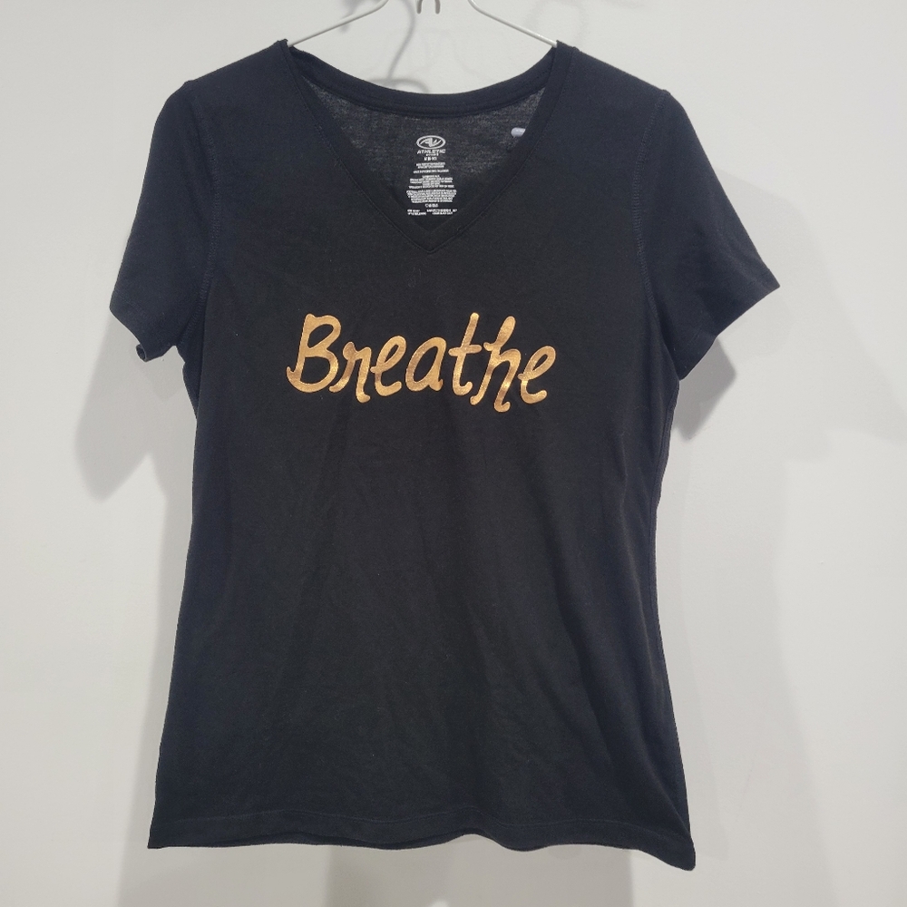 Athletic Works V-Neck Black Tee with Gold Print / Breath / Size Medium